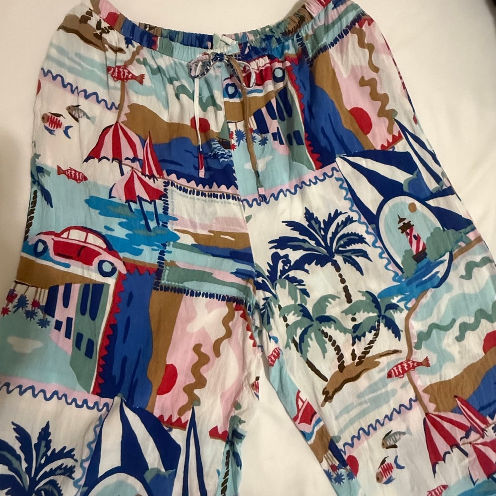 Fresh Destinations Tropical Vacation Print Rayon Wide Leg Pants Womens Medium